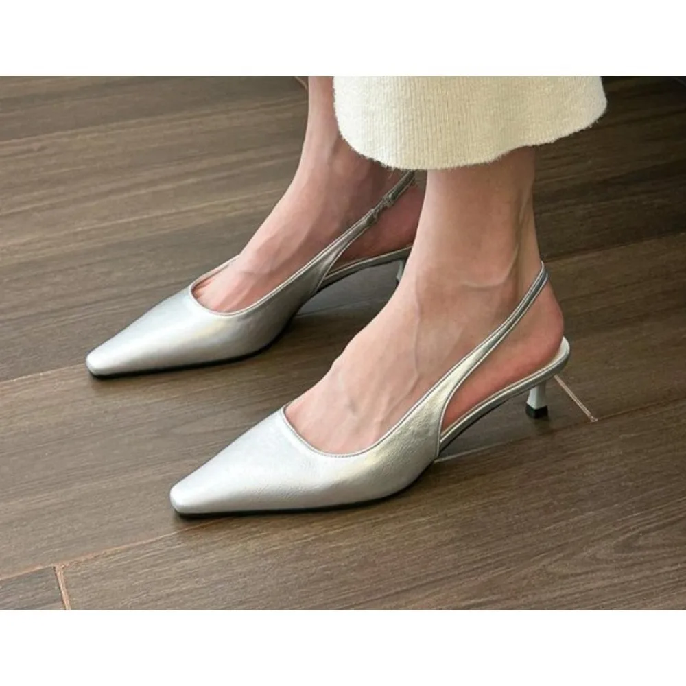 Spring Summer Women Kitten Heels Pointed Toe Sandals Fashion Back Buckle Bling Silver Ladies Casual Med Heels Shoes