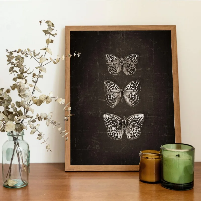 Black White Dark Butterfly Moth Canvas Poster Vintage Wall Art Minimalist Insect Botanical Painting for Gothic Living Room Decor - view 4