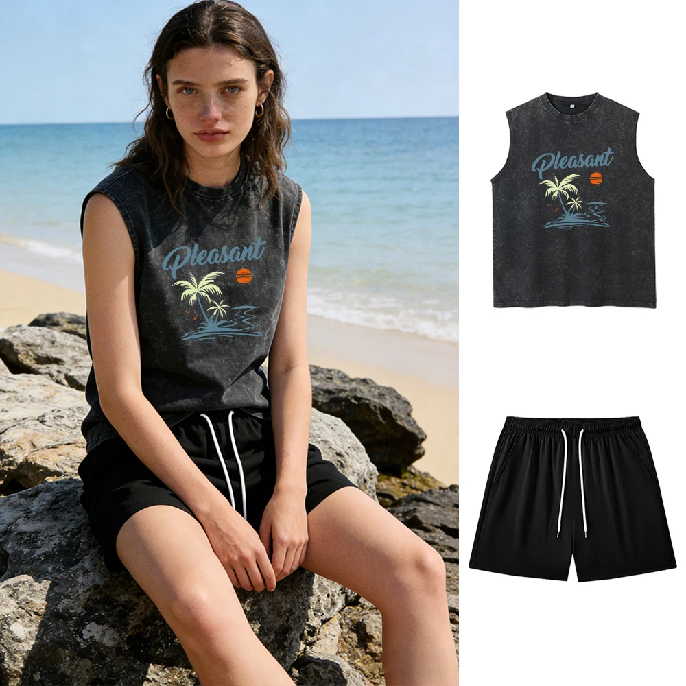 

Summer Fitness Training Two Piece Set Printed Washable Vest Quick Drying Breathable Drawstring Shorts Suitable For Men And Women