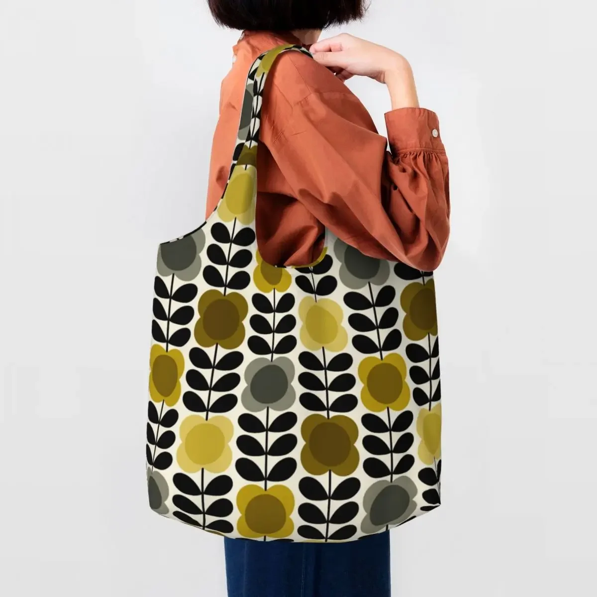 

Custom Kawaii Orla Kiely Spot Flower Stem Yellow Grey Shopping Tote Bags Reusable Canvas Grocery Shopper Shoulder Bag Handbags