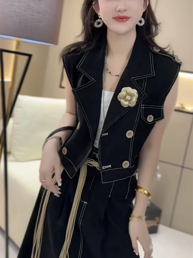 

Hong Kong style women spring high-end denim niche design fashion vest+slimming temperament half skirt elegant two piece set