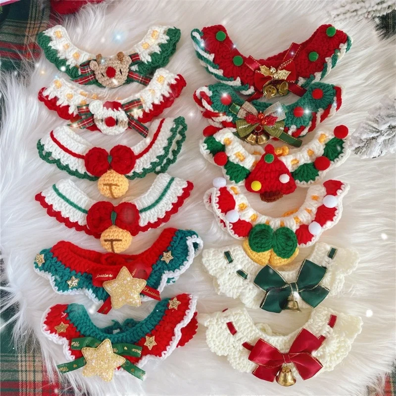 Christmas Pet Collars Cat Dog Christmas Decorations Pet Lace Knitting Necklaces Wool Scarf New Year Gift Cat Puppy Accessories