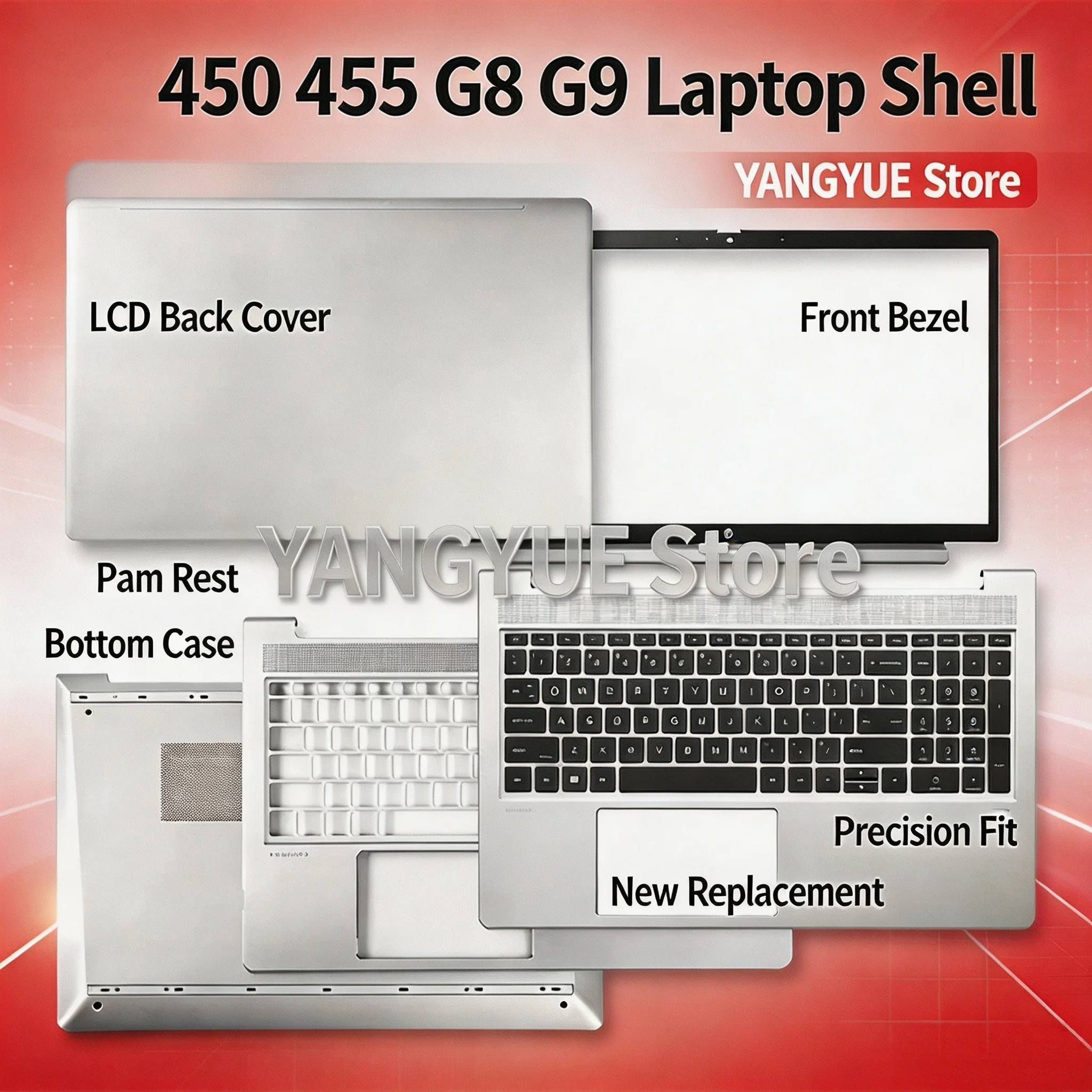 Full Set A B C D Cover Housing With Keyboard Rubber Feet Compatible with ProBook 450 G8 G9 455 G8 G9 Notebook Casing
