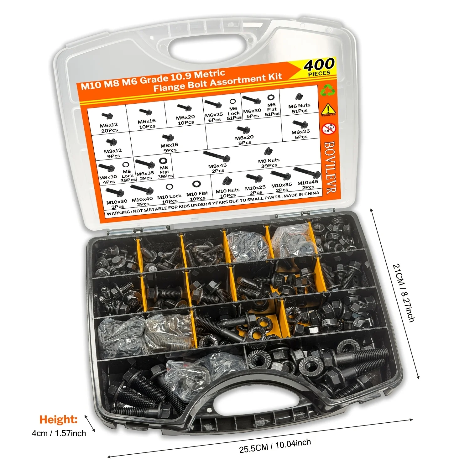 400-Piece Flange Bolt Kit, Grade 10.9 M6-M10 Hex Bolt Nut Washer Set, with Storage Box, Suitable for Automotive and Home Mainten