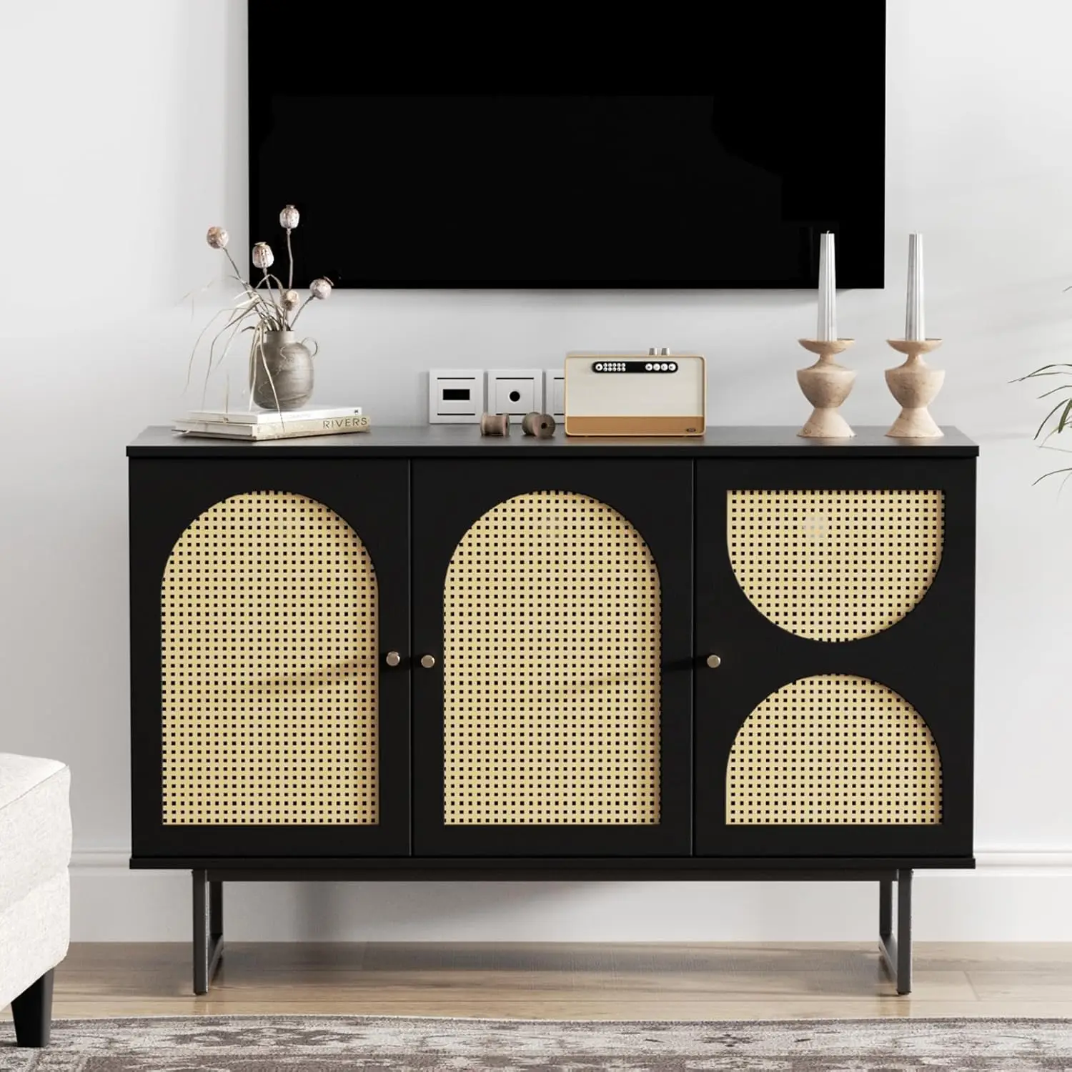 

3 Door Arched Rattan Storage Cabinet Buffet Console Table TV Stand Living Dining Kitchen Hallway Black, Customized