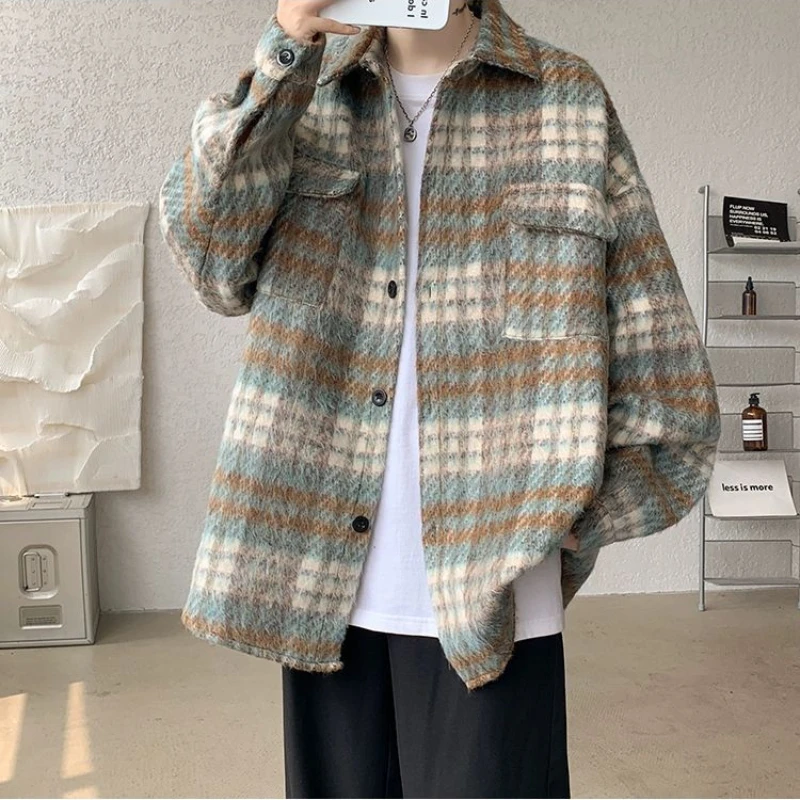 EBAIHUI Korean Lazy Style Men's Plaid Shirt Autumn Winter Woolen Male Jacket Contrasting Color Patchwork Lapel Long Sleeved Top