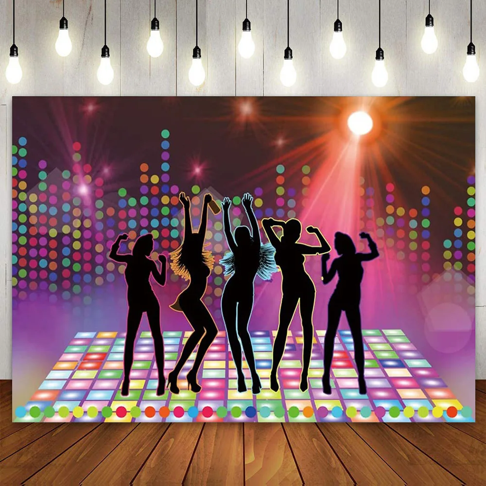 

Disco Party Decor Backdrop Dancer Club Dancing Background Stage Neon 70's 80's 90's Birthday Banner Poster for Men Women Adults