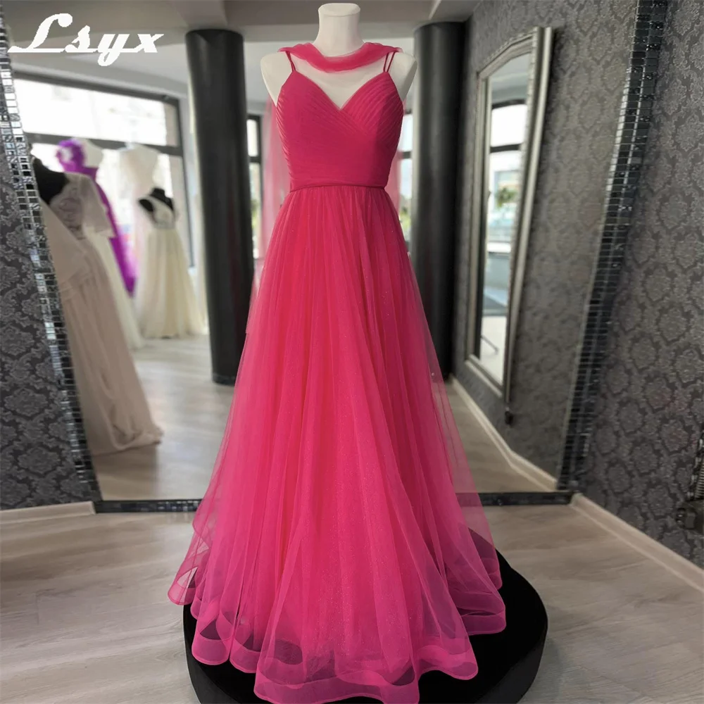 

LSYX Tulle Spaghetti Straps V Neck Evening Dress Sleeveless A Line Lace Up Back Floor Length Prom Party Gown vestidos de fiesta