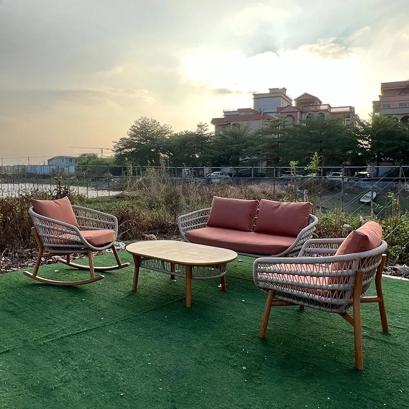 Outdoor courtyard sofa waterproof and sunscreen rattan sofa garden open-air bed and breakfast hotel leisure simple solid wood