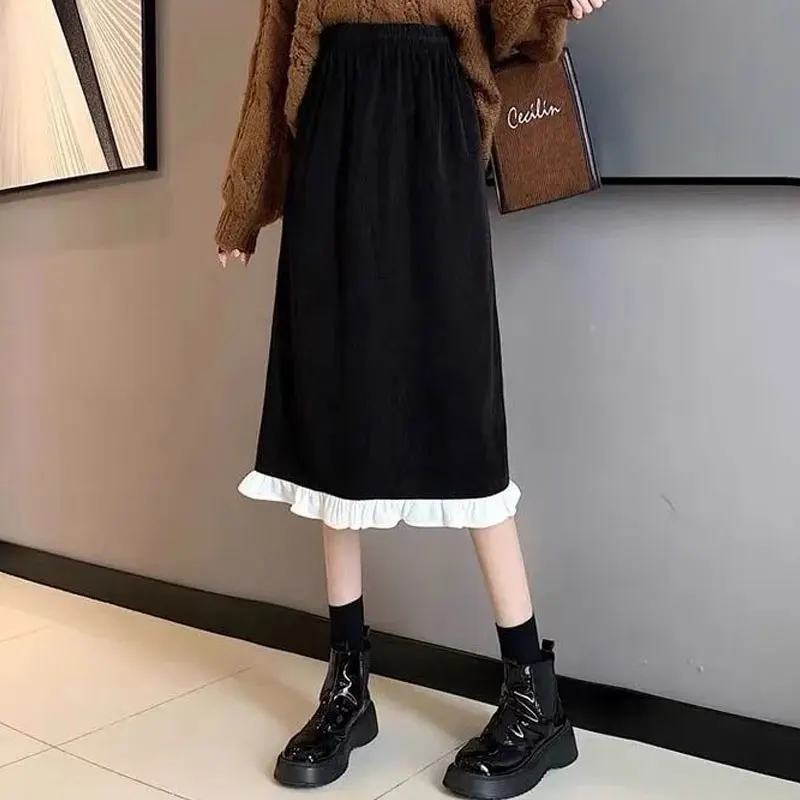 

Women's Clothing Elegant Trend Korean Fashion Loose Solid Color Lace Patchwork Temperament Preppy Style Elastic Waist Skirts