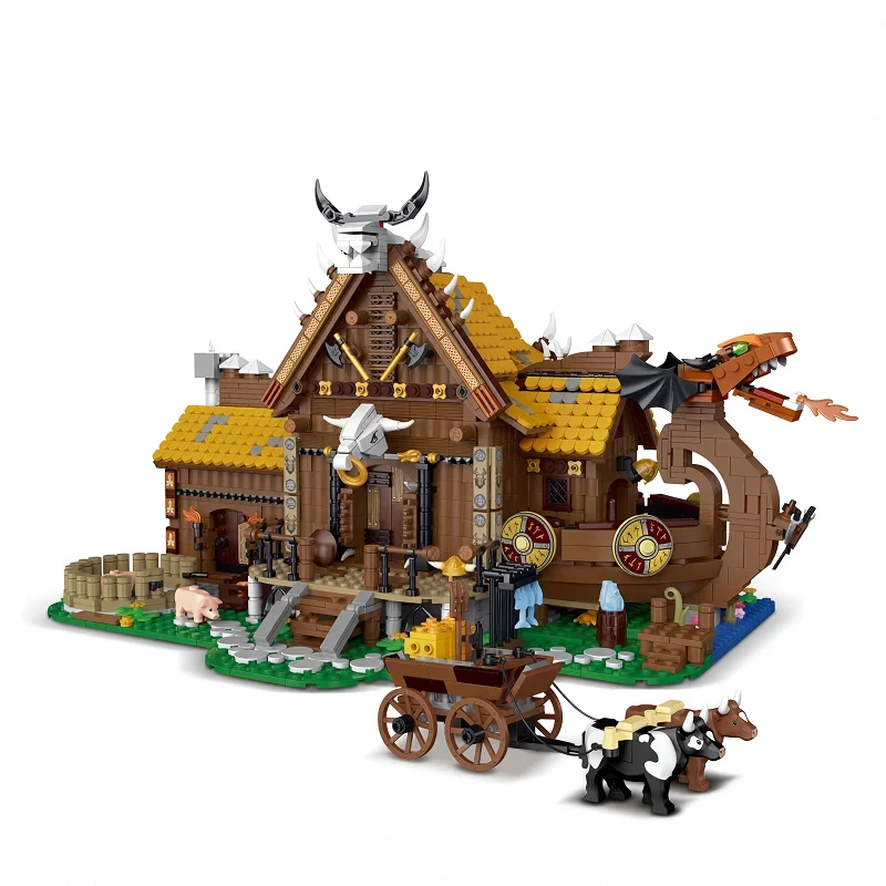 De Vikings House LED Modulaire Gebouwen Blokken Middeleeuwse Noorse Stadsvaart Architectuur Baksteen Modelbouwset Speelgoed Volwassenen Kind Cadeau 3129PCS