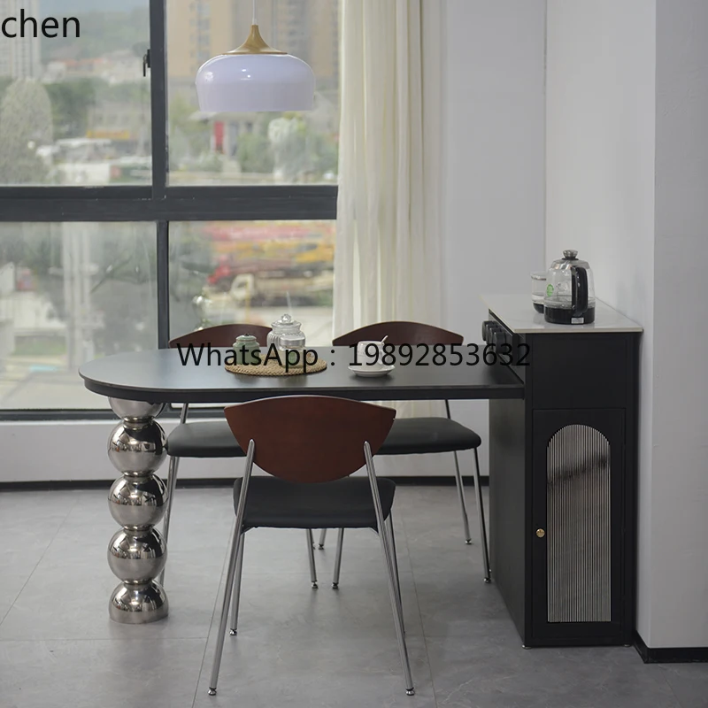 

medieval stainless steel island table integrated retractable small apartment light luxury rock slab semi-circular guide