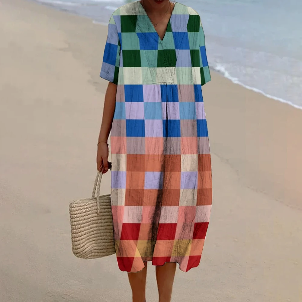 Color Blocks Pattern Printed Linen Dress Women Vintage Bohemian Maxi Dress Beach Style Venezuela Luxury Brand Clothing