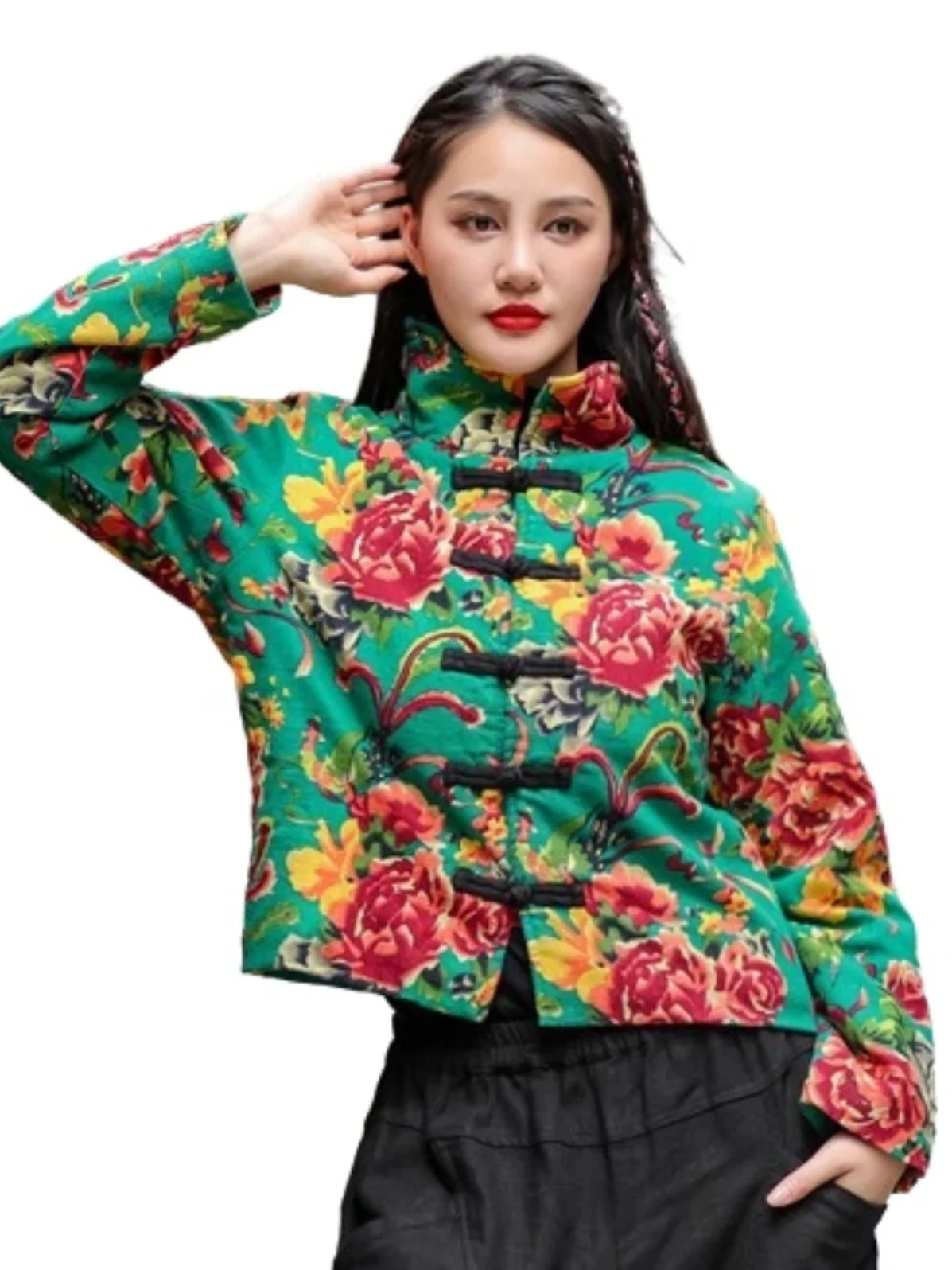 شمال شرق الصين زهرة كبيرة طباعة المرأة القطن Jaet ort مبطن الوقوف طوق معطف القطن الدافئ Faionable الرجعية Sle