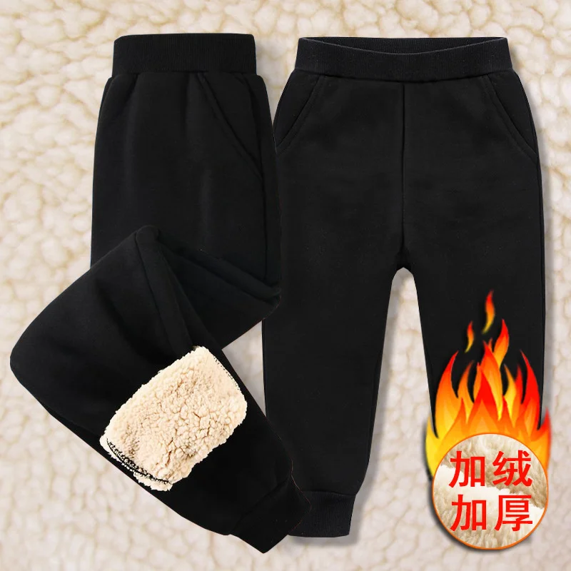 Winter Boys Girls Thick Warm Pants Children's Lambswool Cotton Trousers Big Kids Casual Padded Plush Velvet Snow Sweatpants