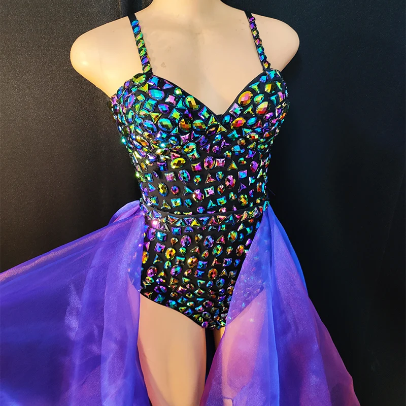 Gogo Dancer Rhinestones Jumpsuit Purple Mesh Skirt Pole Dance Clothes Drag Show Outfit Singer Performance Stage Clothing