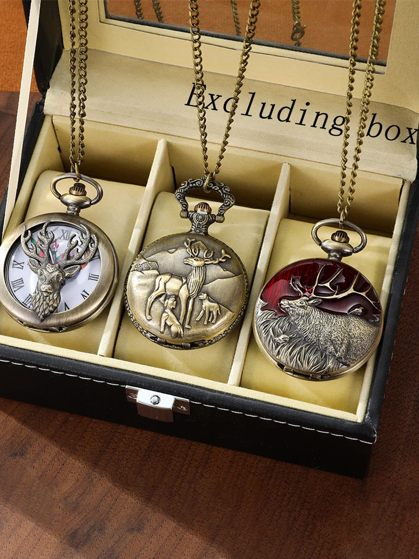 Bronze Creative Long Horn Elk Design Quartz Pocket Watch Necklace Deer Animal Pendant Chain Clock