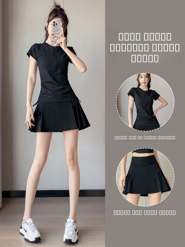 

Женский спортивный комплект для бадминтона, летняя футболка для бега на молнии, юбка для йоги, повседневная одежда для утреннего бега, комплект из двух предметов