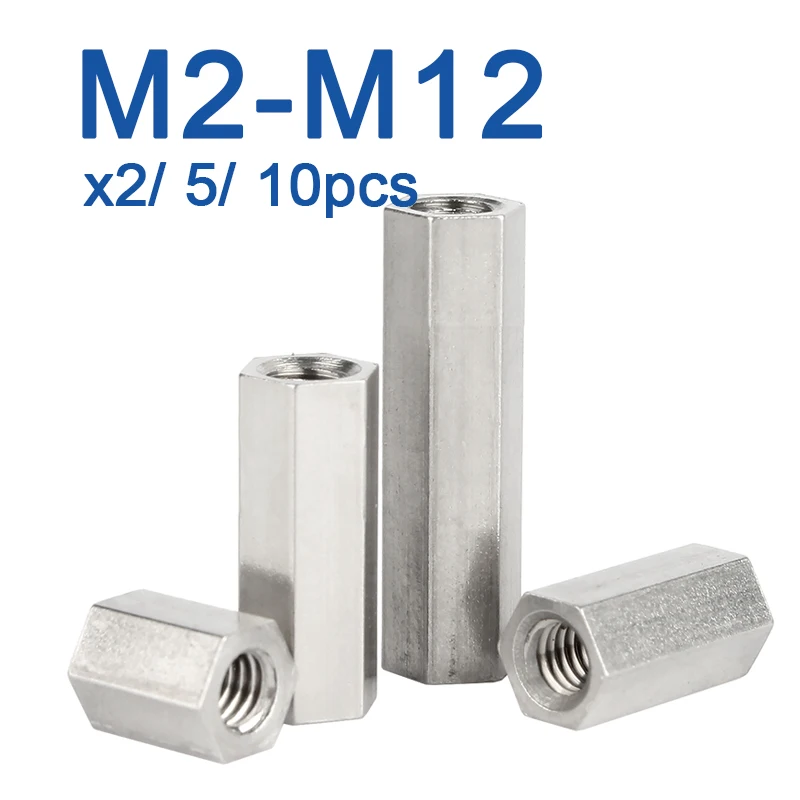 Separador hexagonal de acero inoxidable 304, Perno de tuerca de acoplamiento de varilla larga, 2/ 5/ 10 piezas, M2, M2.5, M3, M4, M5, M8, M10, M12