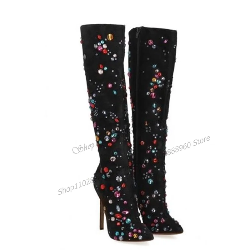 Sexy Knee High Black Flock Crystal Decor Boots Stilettos High Heel Women Shoes Side Zipper Pointed Toe 2023 Zapatos Para Mujere