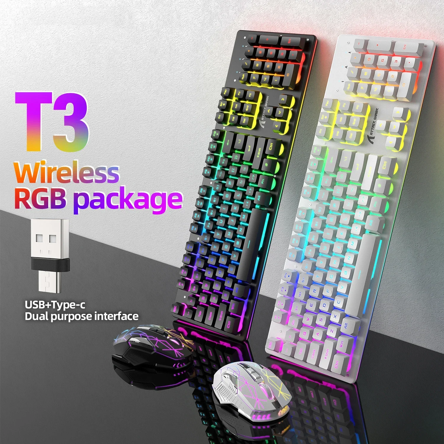 

USB Type-C 2,4g Беспроводная клавиатура и мышь, набор с RGB подсветкой, перезаряжаемая игровая клавиатура и мышь для ПК, игрового компьютера, ноутбука