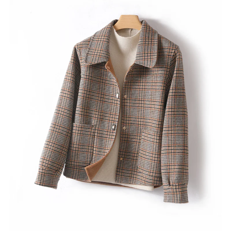 

2025 Classic Short Single Row Snap Button Women's Coat Polo Collar Gingham Check 100% Pure Wool Coat Comfortable All-Match