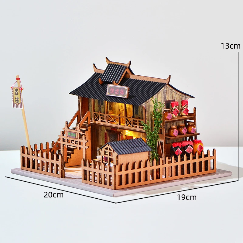 DIY Wooden Chinese Ancient Inn Doll Houses Miniature Doll Houses with Furniture Light Hotel Cottage for Friends Birthday Gifts