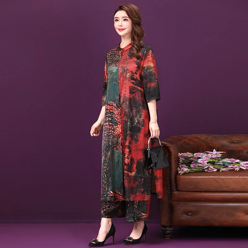 Mom Casual Suit 2022 New Summer Silk Dress + Wide Leg Pants Two-Piece Suit Women Loose Print Two-Piece Suit Female 6XL