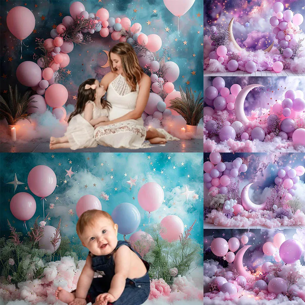 

Mocsicka Balloons Photography Backdrop With Pastel Clouds Stars Kids Baby Child Birthday Cake Smash Photocall Rainbow Background