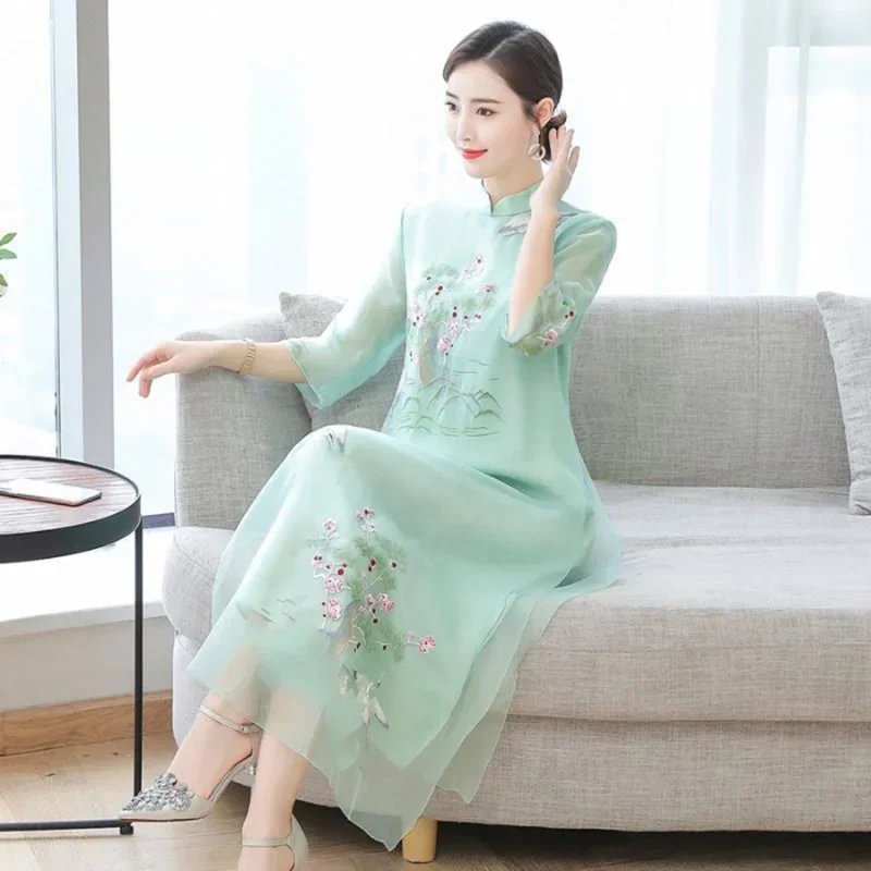 1 pcs/lot cheongsam retro elegant embroidery long mesh dresses floral party dress Chinese summer dress bs3216