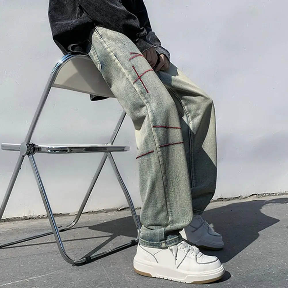 Men Jeans WIde Leg Loose Straight Deep Crotch Ripped Striped Pockets Hip Hop Solid Color Streetwear Soft Denim Long Pants