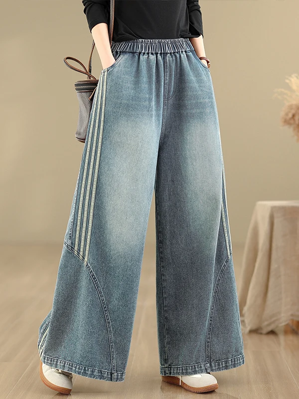 Auténticos pantalones vaqueros informales de pierna ancha, pantalones vaqueros elásticos sueltos adelgazantes de pierna recta, mezcla de poliéster y algodón de cintura alta