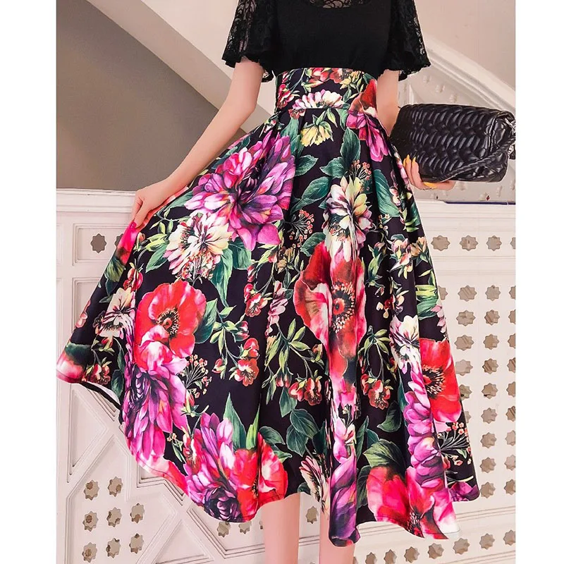 Chinese Style Vintage Floral High Waist Skirt Temperament Elegant Pleated Printing Mid-Calf Spring Summer New Style A-line Skirt