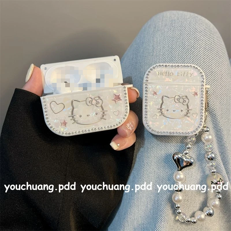

Защитный чехол Hello Kitty AirPods с сверкающим бриллиантом и рисунком ракушки, чехол для наушников Apple Pro 3-го поколения Pro 2