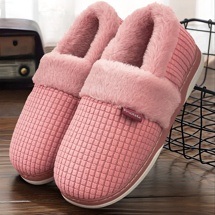 Men\'s House Slippers Plaid Memory Foam Warm Non-slip Furry Couple Shoes Indoor/Outdoors Plush Winter Living Room Slippers Luxury