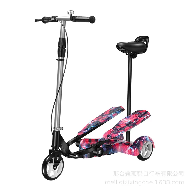 Children Double Pedal Scooter with Seat, Fold 3 Wheels Stepper Scooter Colorful Scooter