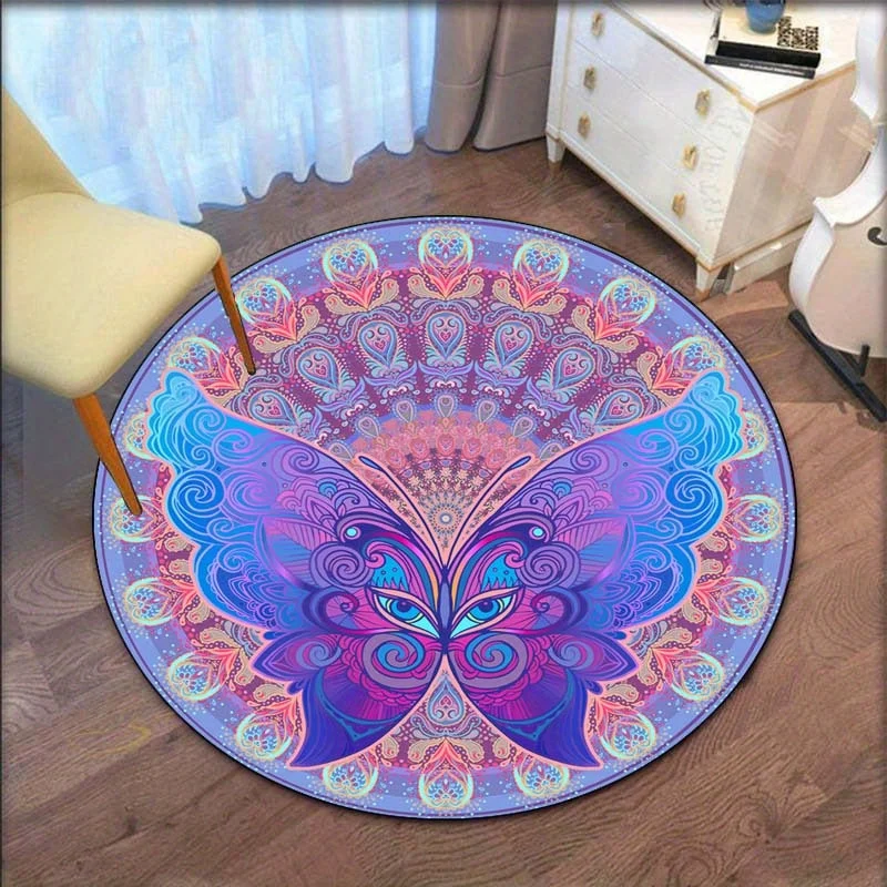 Butterfly Mandala Round Rug Psychedelic Colorful Pattern Boho Style Yoga Mat Indoor Floor Covering for Living Room Bedroom