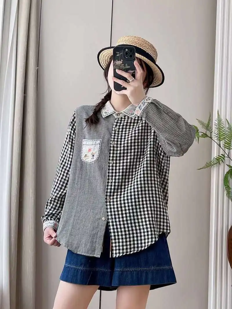 New Spring Cotton Yarn Casual Shirts Women Lapel Loose Embroidery Blouse Girl Long Sleeve Sweet Plaid Top 2024 Autumn T45595QM