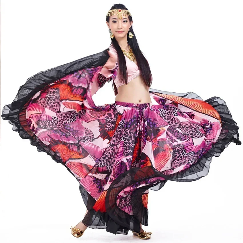 720 องศาชุดเต้นรําหรูหราผีเสื้อพิมพ์ผู้หญิง Belly Dance กระโปรงลูกไม้ Bohemian Gypsy หญิงสเปน Flamenco กระโปรง