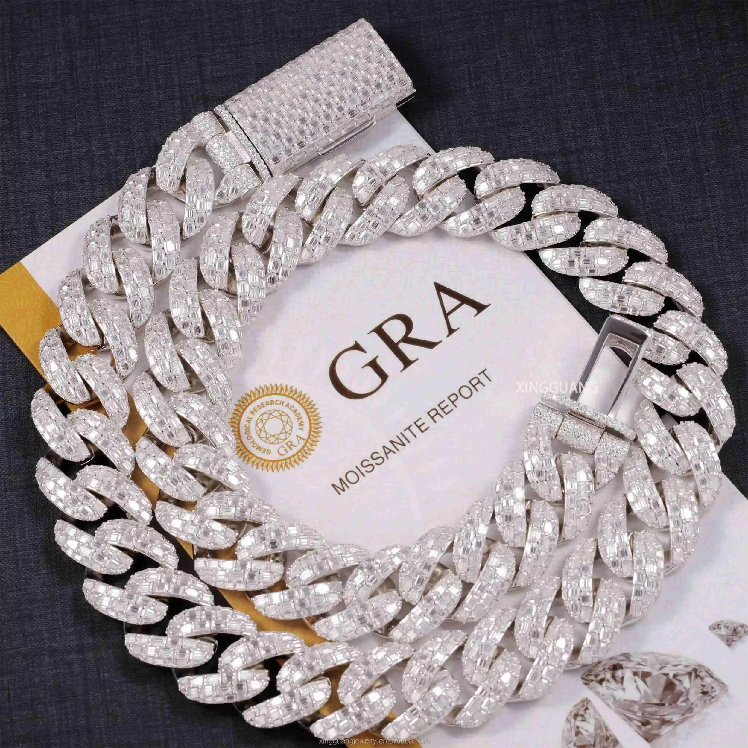 Baguette Custom Moissanite Clasp Full Iced Out Cuban Link Chains 22MM 3 Rows 925 Silver Pass Diamond Test VVS Moissanite Chains.
