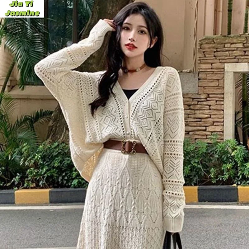 French Style Fashion Hollow Knitting Set 2024 New High-end Temperament Socialite Skirt Set with Lining