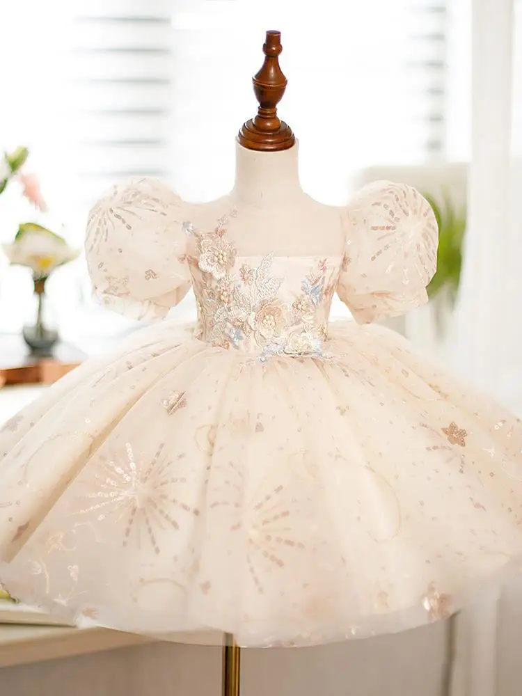 Champagner Super Fee Kinder volles Kleid-jähriges Baby Mädchen GeburtstagspartyBlumenmädchen Prinzessin Kleid Kostüm für Klavier durchführen