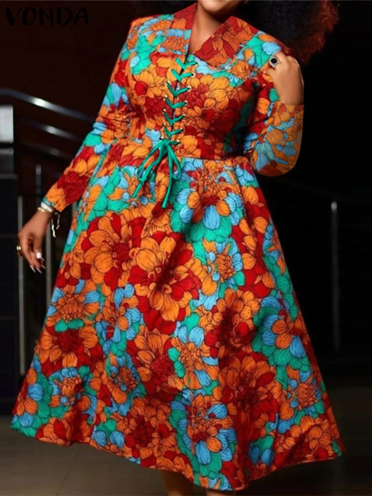 Plus Size VONDA Women Floral Printing Dresses 2024 Bohemian Vestidos Turn Dwon Collar Maxi Long Sundress Elegant Holiday Robe