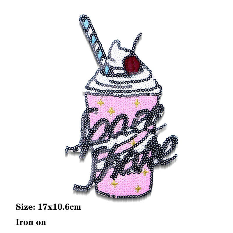 Cocktail Frozen Drink Sequin icon Embroidered Iron on Patches for Clothing DIY Stripes Clothes Patchwork Stickers  Custom Badge