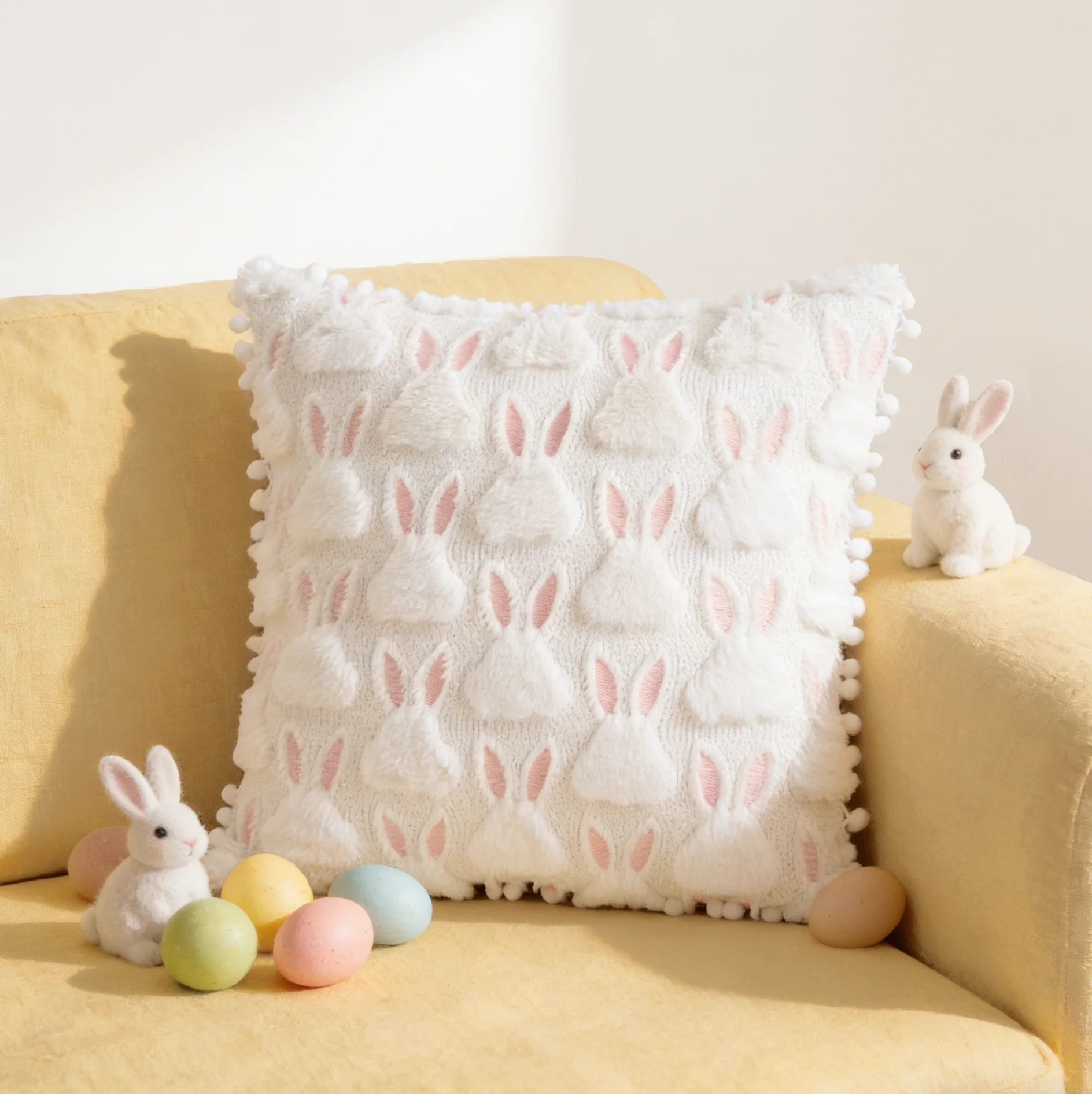 45x45cm 1pcs Embroidered Rabbit Head with Small Ball Lace Pillowcase Comfortable Pillow Case Gift Easter Gift