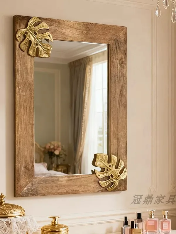 Hotel Decoration Wall-Mounted High-definition Art Mirror French Retro Style Wooden Frame Bathroom Make-Up Mirror Customization