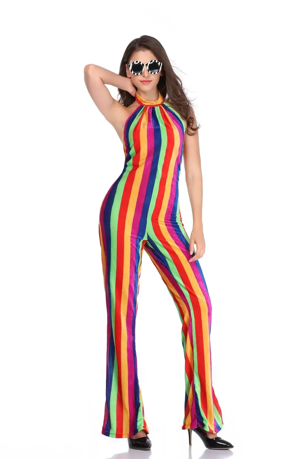 Rainbow Striped Sexy Jumpsuit For Women Off Shoulder Backless Wide Leg Romper Summer Halter Sleeveless One Piece Bodysuit