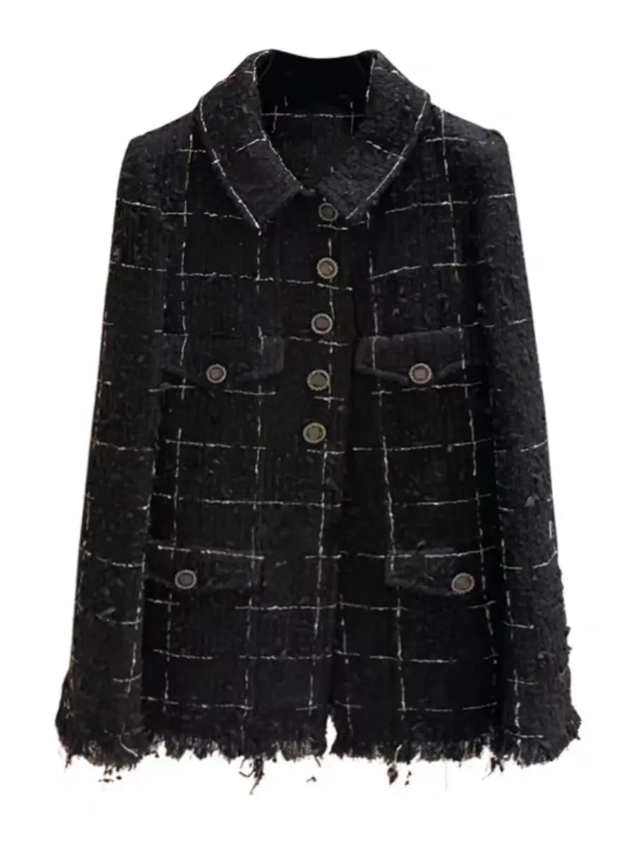 Europe and the United States women's 2024 winter new Long sleeve single breasted plaid fashion Fringed tweed coat