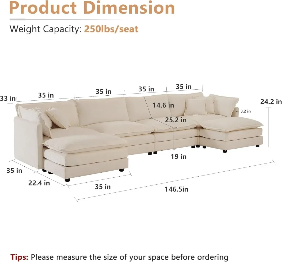 Modular Sectional Sofa, 146.5 Inch U Shaped Couch Set for Living Room, 4-Seater Comfy Cloud Couches with Two Movable Ottoman