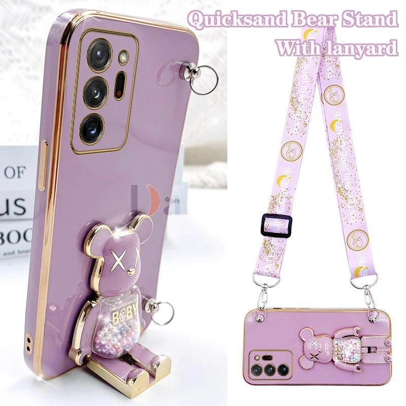 Cartoon Bear Lanyard Plating Phone Stereoscopic Holder Case For Samsung Galaxy Note 20 Ultra Note 10 Lite 8 9 M30S M42 M54 Cover